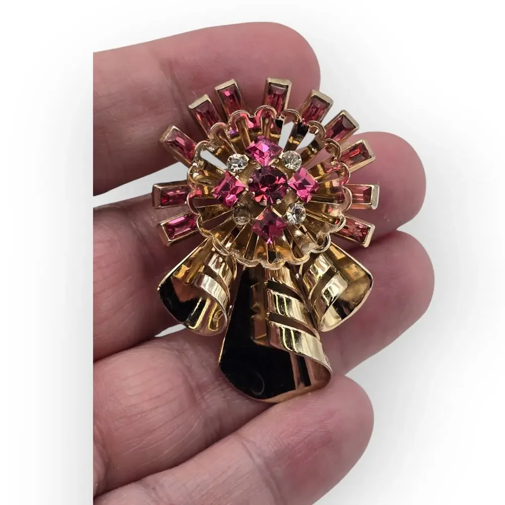 Pink Rhinestone Ribbon Bow Brooch Pendant Gold Tone Vintage Mid-Century Glamour